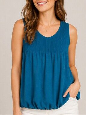 Max Studio Teal Pintuck Sleeveless Blouson Boho Pleated Tank Top Size L Jewel